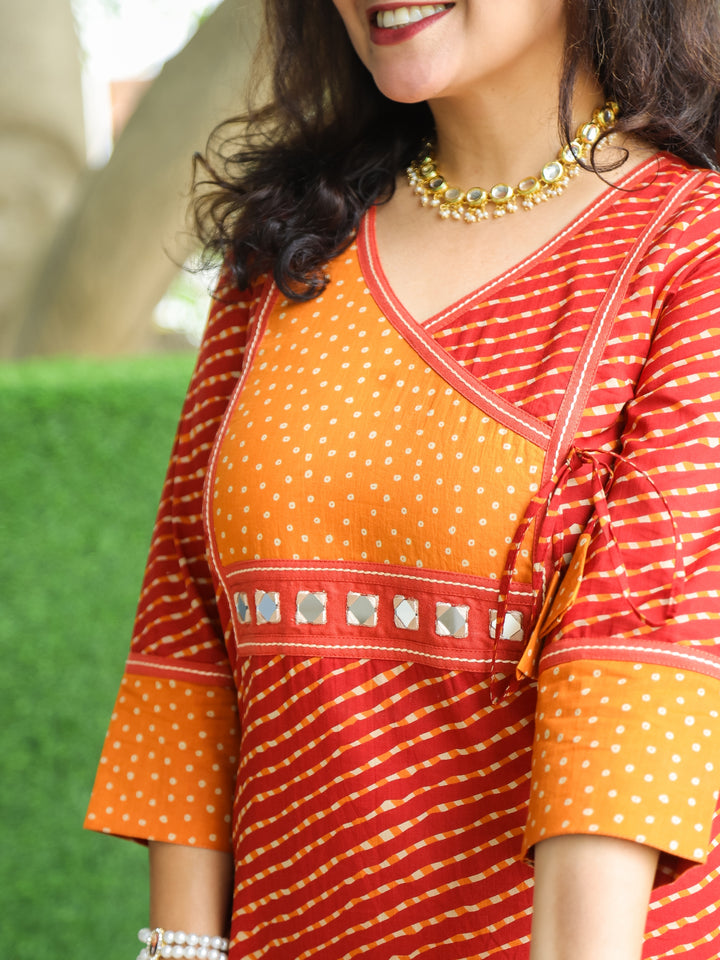 Umaang Burnt Red with Angrakha Yoke with Mirror in Leheriya Print Cotton Kurti