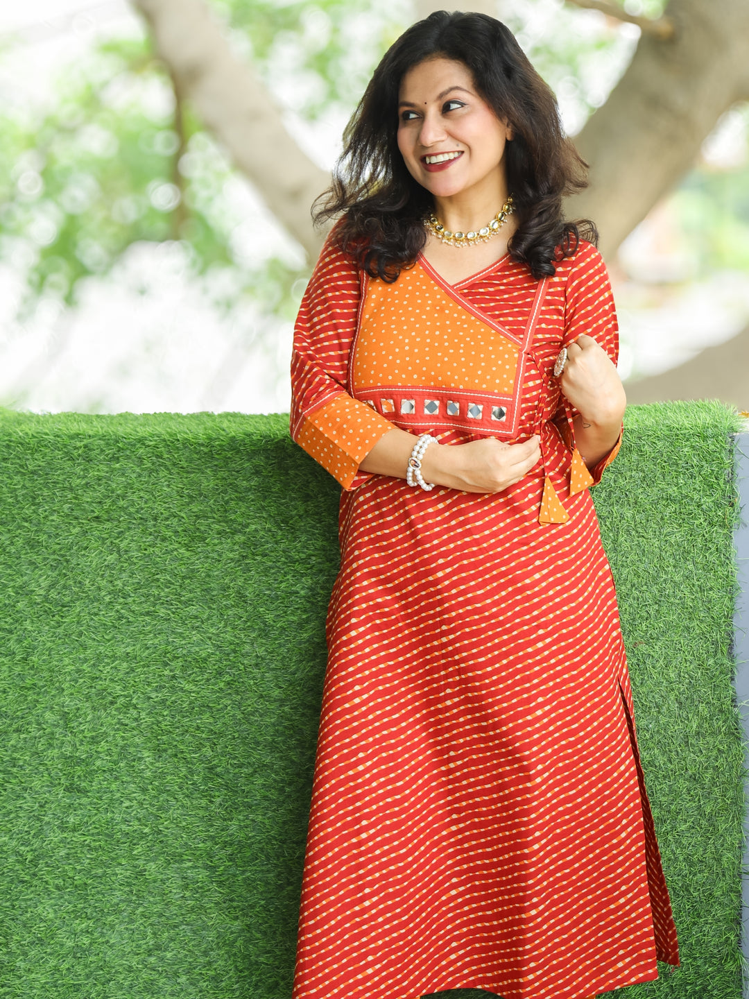 Umaang Burnt Red with Angrakha Yoke with Mirror in Leheriya Print Cotton Kurti