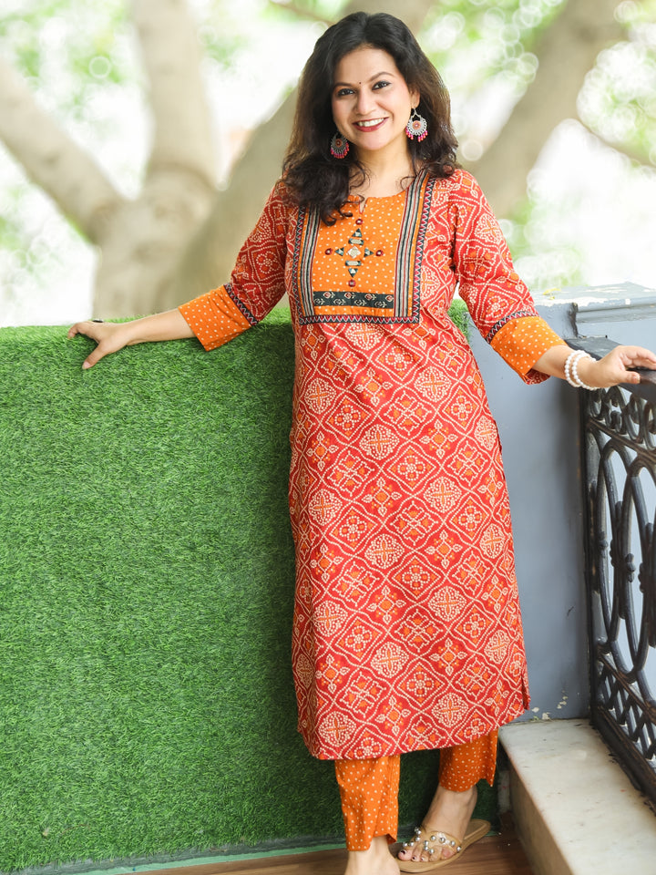 Ritu Burnt Red Mirror Work Neck Yoke in Bandhani Printed Cotton Kurti