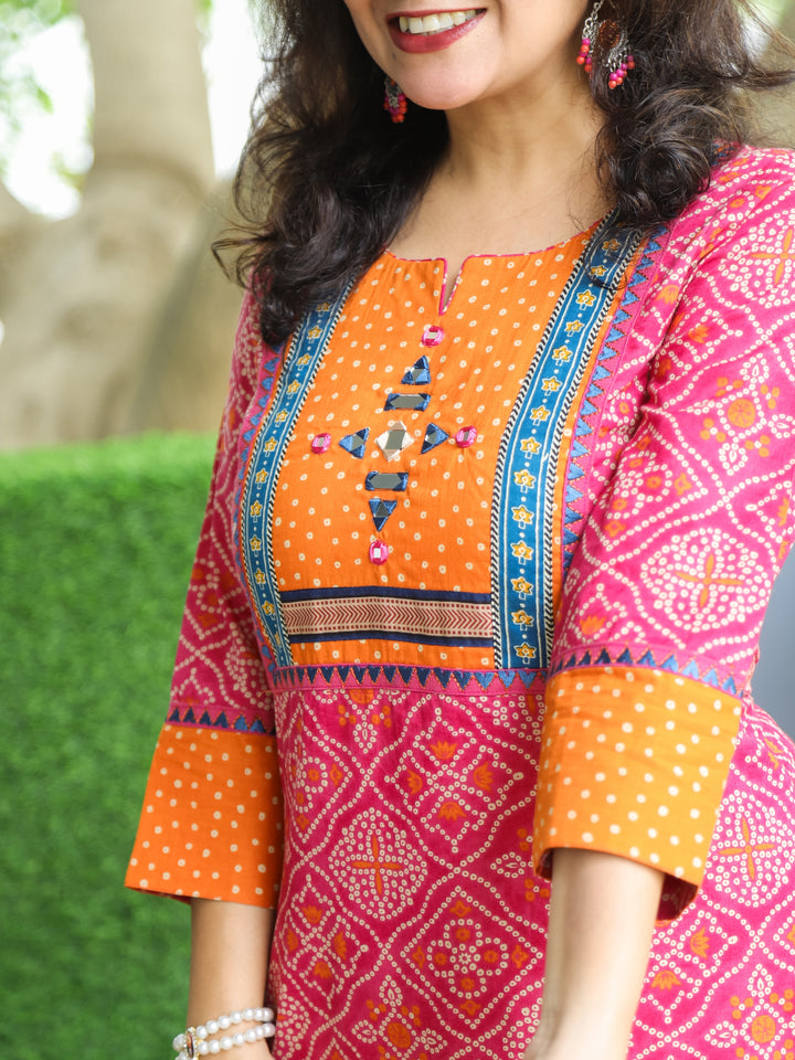 Ritu Cupcake PInk Mirror Work Neck Yoke in Bandhani Printed Cotton Kurti
