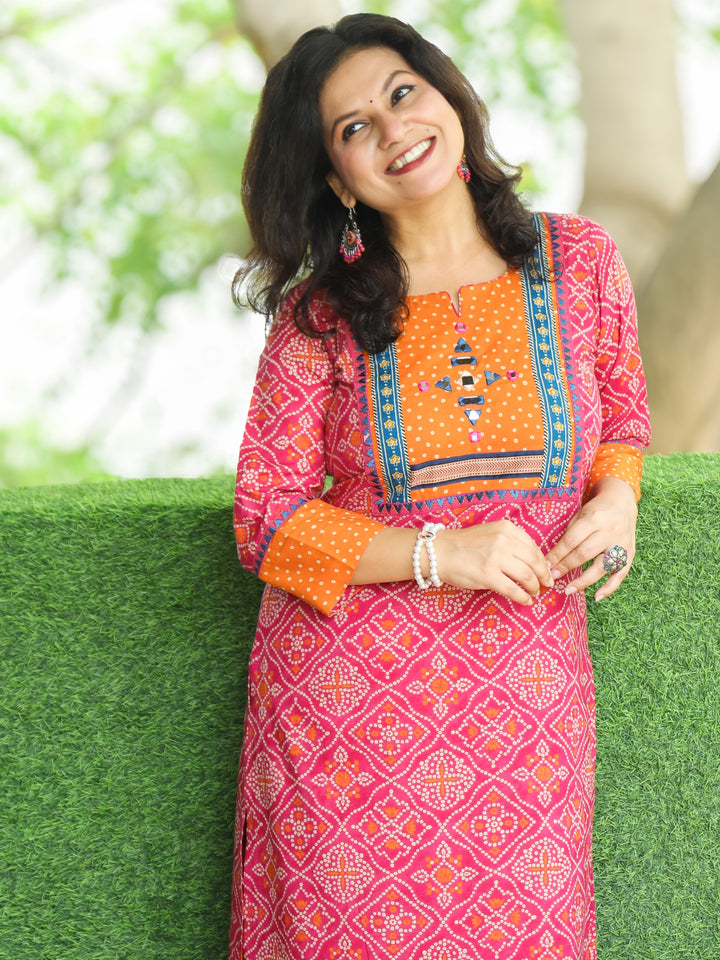 Ritu Cupcake PInk Mirror Work Neck Yoke in Bandhani Printed Cotton Kurti