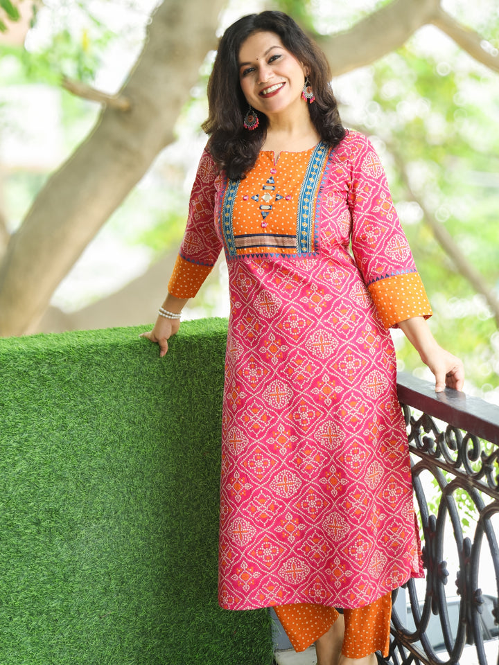 Ritu Cupcake PInk Mirror Work Neck Yoke in Bandhani Printed Cotton Kurti
