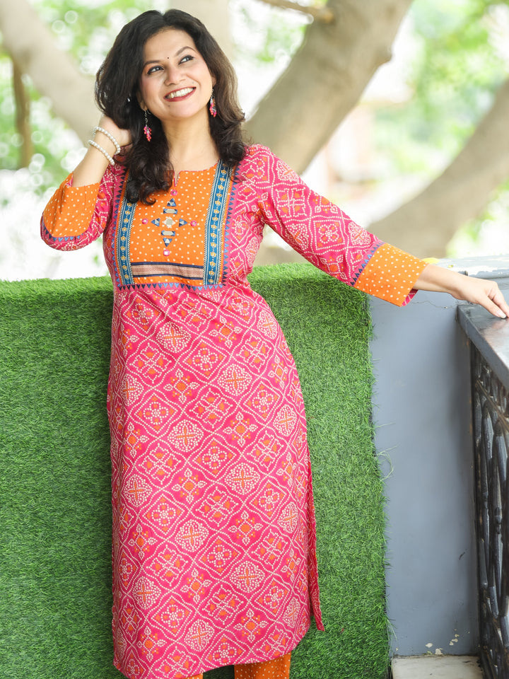 Ritu Cupcake PInk Mirror Work Neck Yoke in Bandhani Printed Cotton Kurti