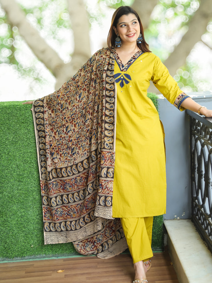 Patang Dijon Yellow Kalamkari Patch on V Neck with Applique Work Cotton 3 Piece Set