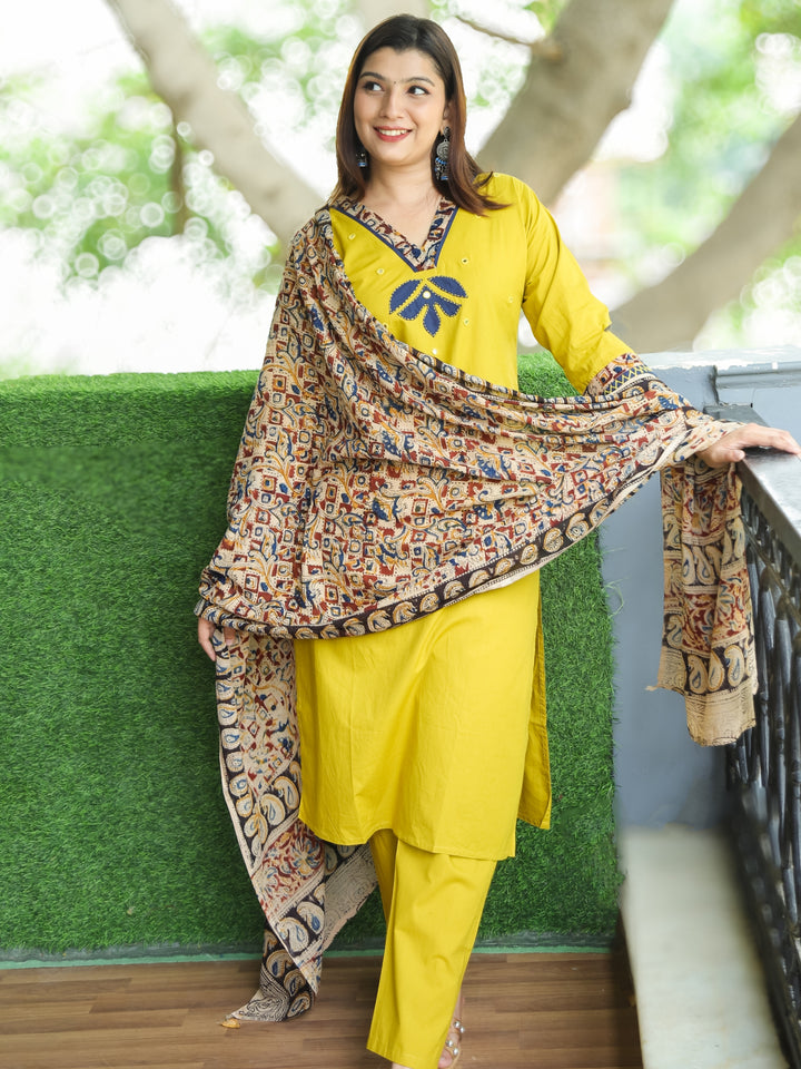 Patang Dijon Yellow Kalamkari Patch on V Neck with Applique Work Cotton 3 Piece Set