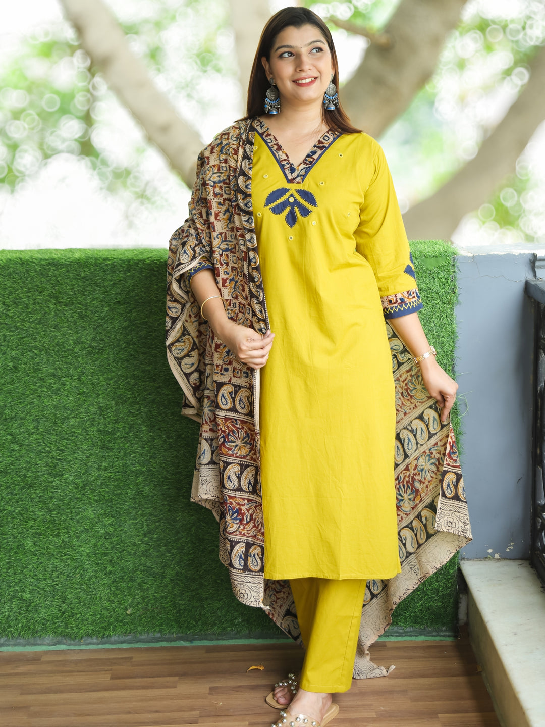 Patang Dijon Yellow Kalamkari Patch on V Neck with Applique Work Cotton 3 Piece Set