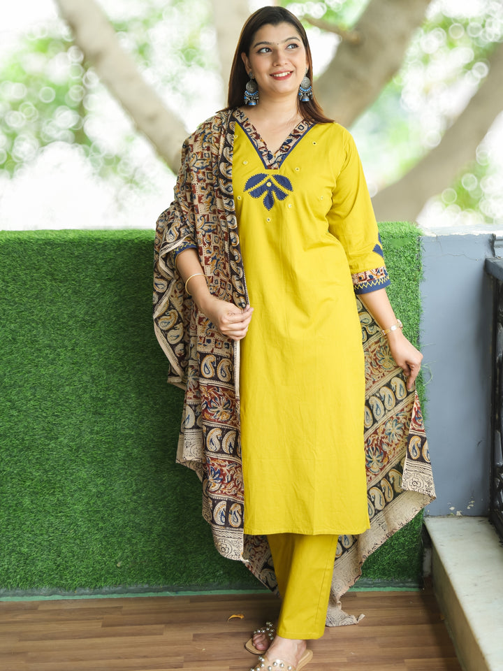 Patang Dijon Yellow Kalamkari Patch on V Neck with Applique Work Cotton 3 Piece Set