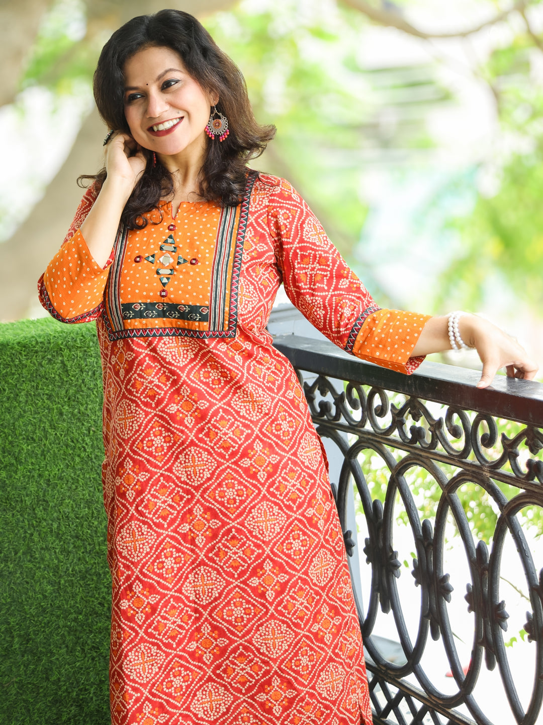 Ritu Burnt Red Mirror Work Neck Yoke in Bandhani Printed Cotton Kurti