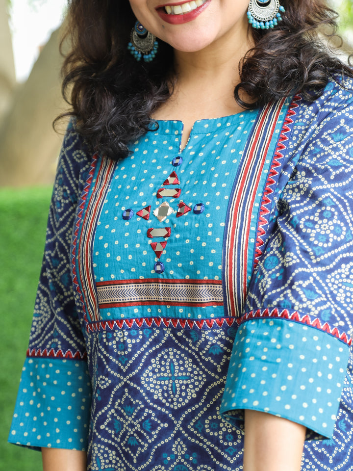 Ritu Sapphire Blue Mirror Work Neck Yoke in Bandhani Printed Cotton Kurti