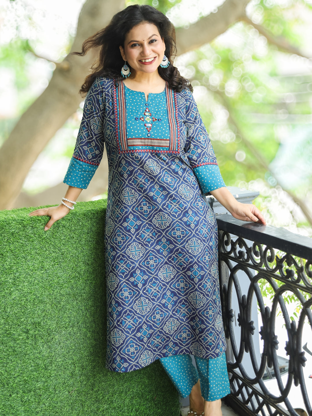 Ritu Sapphire Blue Mirror Work Neck Yoke in Bandhani Printed Cotton Kurti