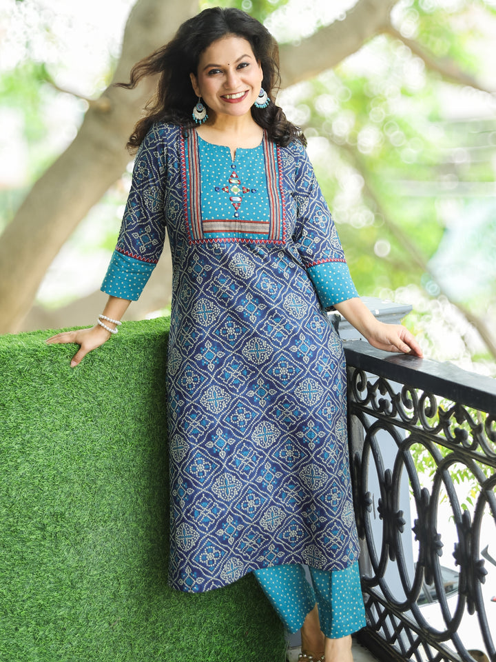 Ritu Sapphire Blue Mirror Work Neck Yoke in Bandhani Printed Cotton Kurti