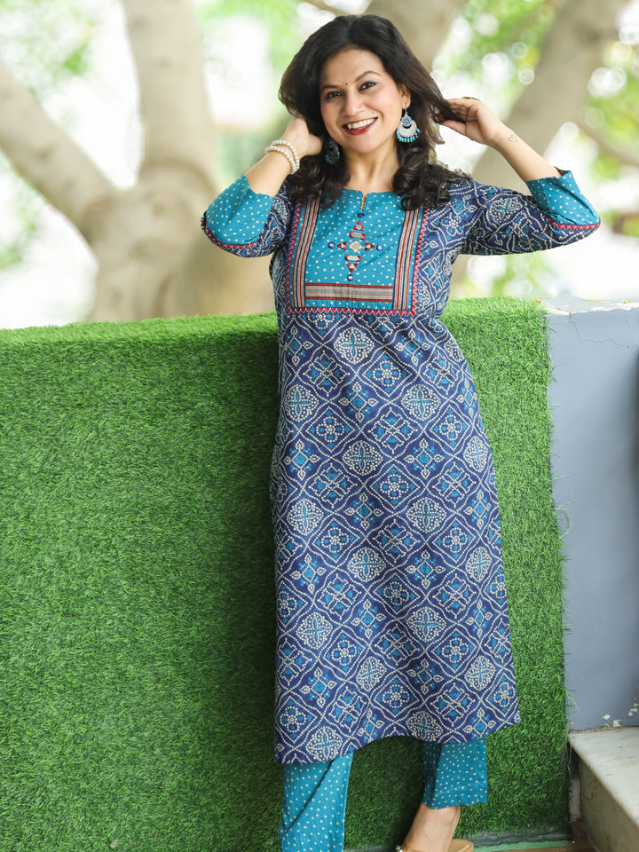 Ritu Sapphire Blue Mirror Work Neck Yoke in Bandhani Printed Cotton Kurti