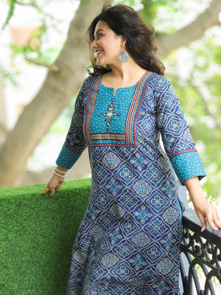 Ritu Sapphire Blue Mirror Work Neck Yoke in Bandhani Printed Cotton Kurti