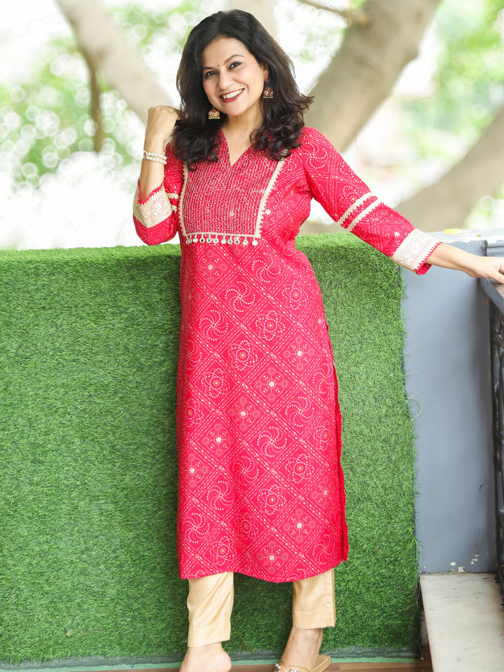 Manchali Rani Pink Zari Running Stitch Work Yoke with Mirror Hanging Modal Kurti