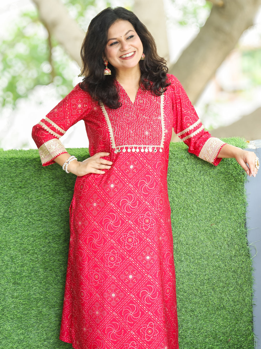 Manchali Rani Pink Zari Running Stitch Work Yoke with Mirror Hanging Modal Kurti