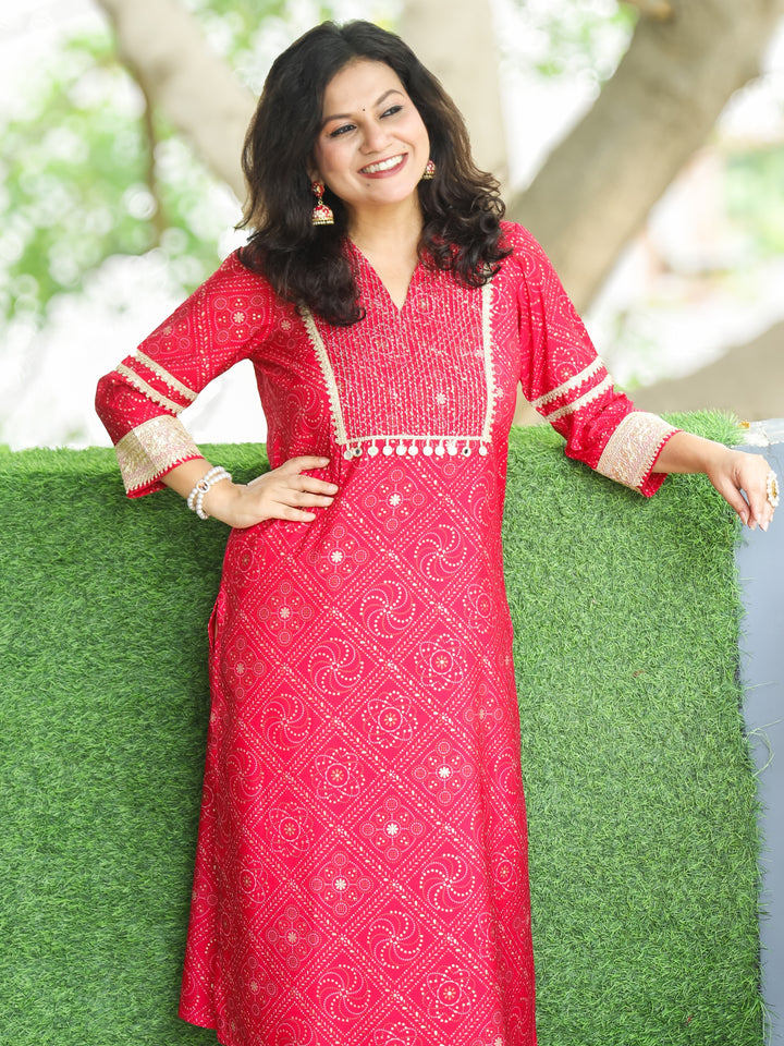 Manchali Rani Pink Zari Running Stitch Work Yoke with Mirror Hanging Modal Kurti