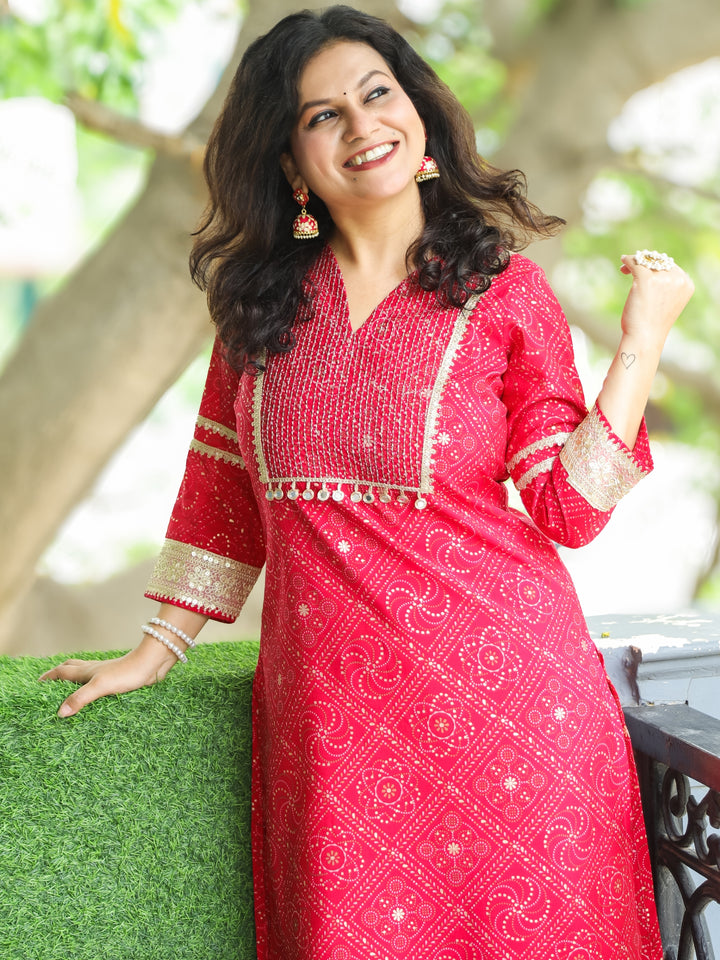 Manchali Rani Pink Zari Running Stitch Work Yoke with Mirror Hanging Modal Kurti