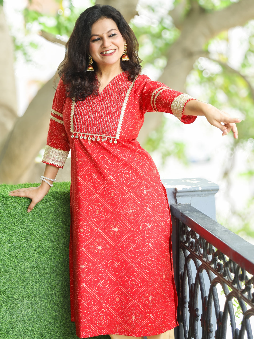 Manchali Tomato Red Zari Running Stitch Work Yoke with Mirror Hanging Modal Kurti