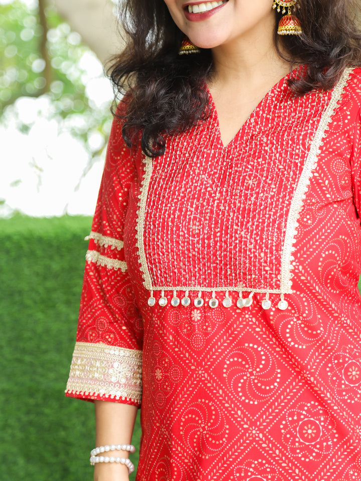 Manchali Tomato Red Zari Running Stitch Work Yoke with Mirror Hanging Modal Kurti