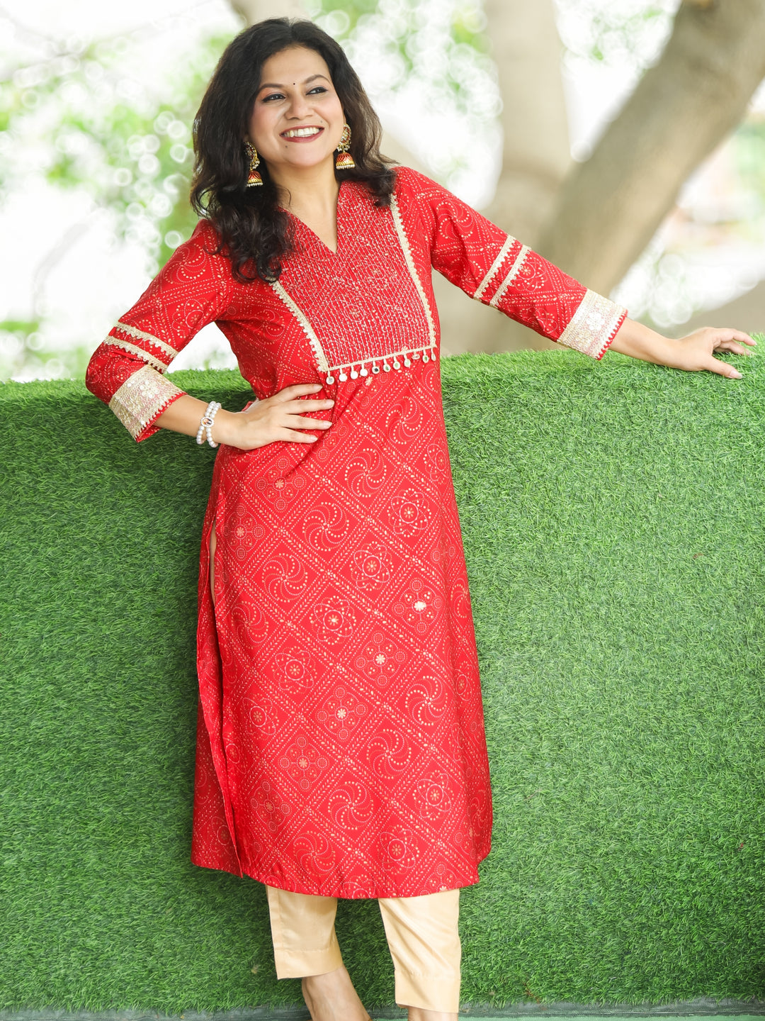Manchali Tomato Red Zari Running Stitch Work Yoke with Mirror Hanging Modal Kurti