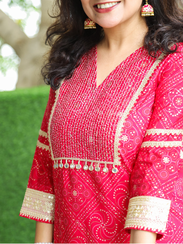 Manchali Rani Pink Zari Running Stitch Work Yoke with Mirror Hanging Modal Kurti