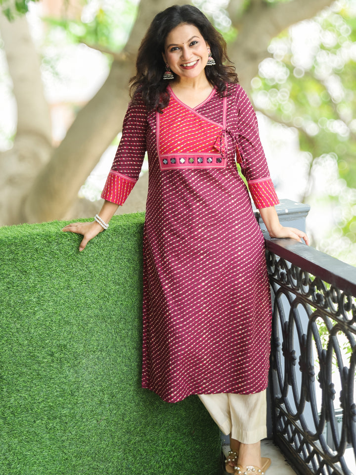 Umaang Magenta Purple with Angrakha Yoke with Mirror in Leheriya Print Cotton Kurti