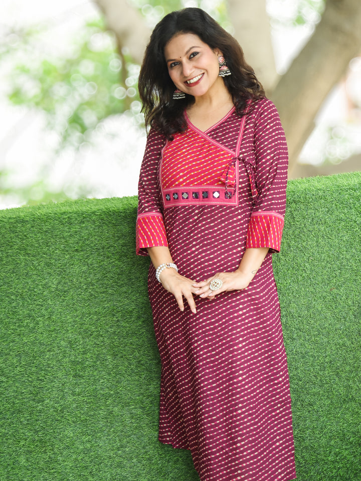 Umaang Magenta Purple with Angrakha Yoke with Mirror in Leheriya Print Cotton Kurti