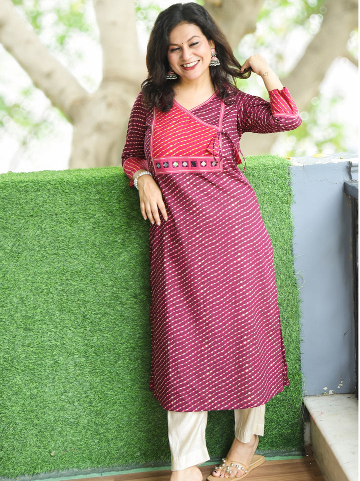 Umaang Magenta Purple with Angrakha Yoke with Mirror in Leheriya Print Cotton Kurti