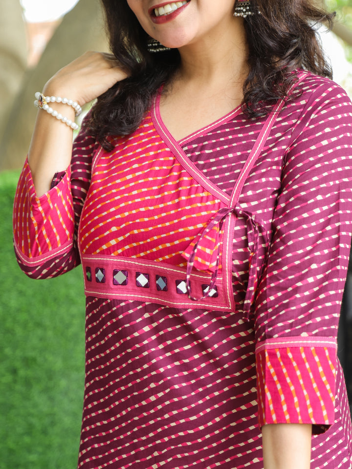 Umaang Magenta Purple with Angrakha Yoke with Mirror in Leheriya Print Cotton Kurti