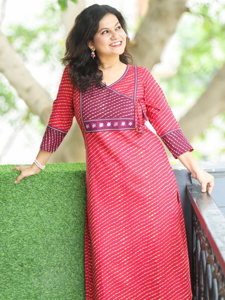 Umaang Rani Pink with Angrakha Yoke with Mirror in Leheriya Print Cotton Kurti