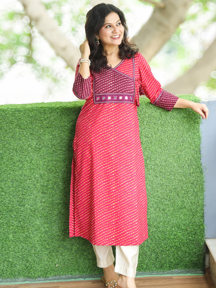 Umaang Rani Pink with Angrakha Yoke with Mirror in Leheriya Print Cotton Kurti