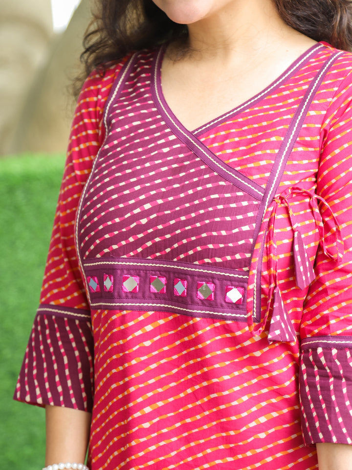 Umaang Rani Pink with Angrakha Yoke with Mirror in Leheriya Print Cotton Kurti
