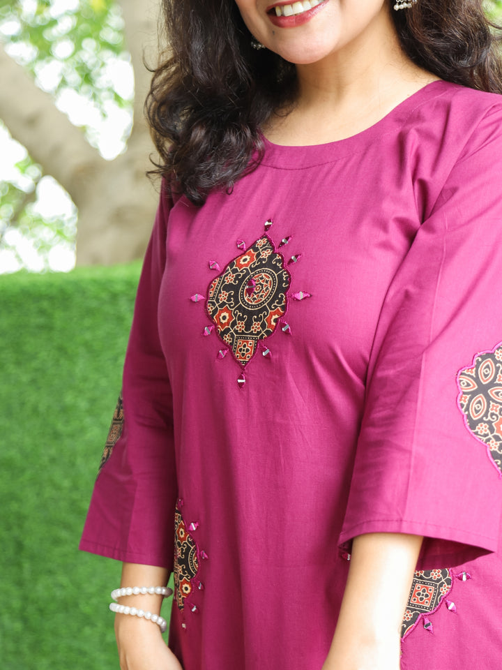 Raabtaa Orchid Purple in Applique Work Detailing with Mirror Cotton 2 Piece Set