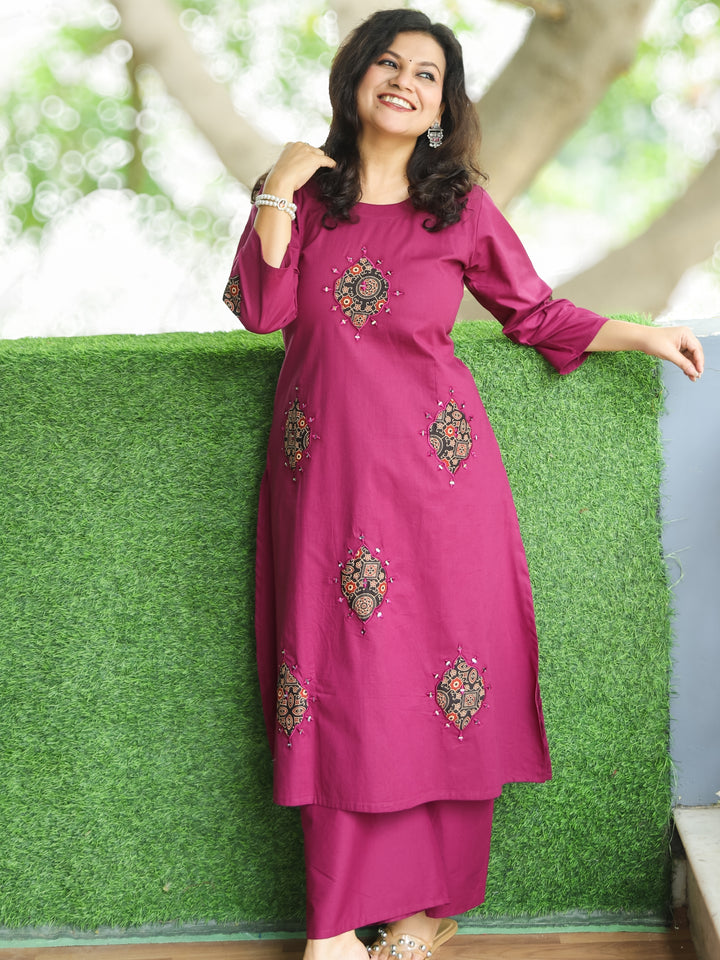 Raabtaa Orchid Purple in Applique Work Detailing with Mirror Cotton 2 Piece Set
