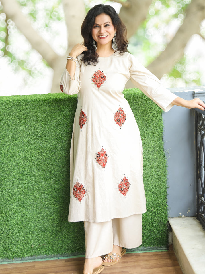 Raabtaa Shell Beige in Applique Work Detailing with Mirror Cotton 2 Piece Set