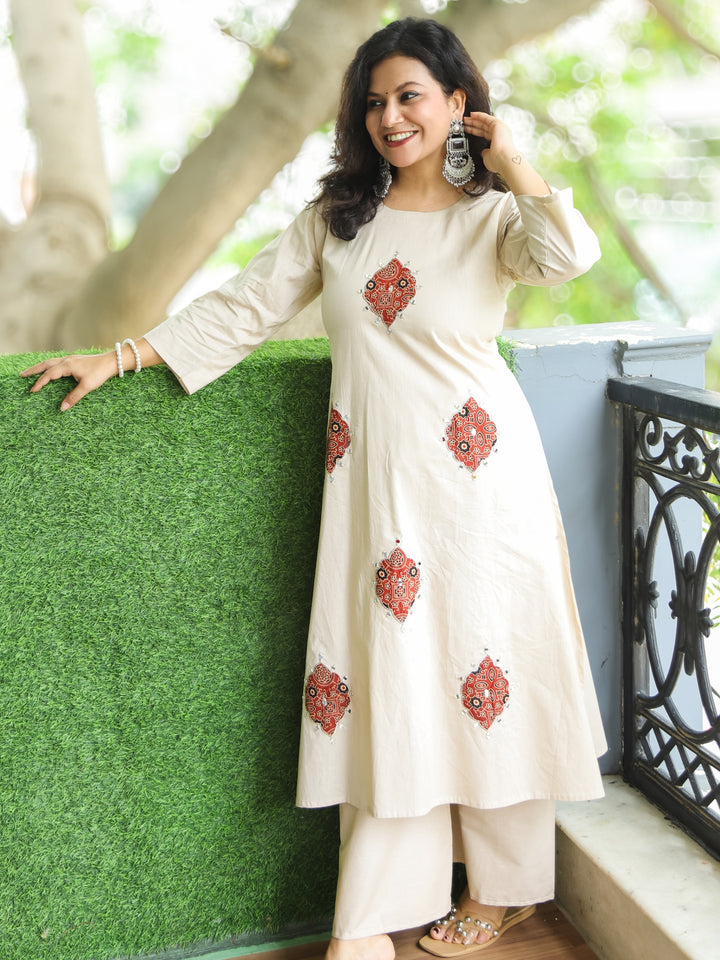Raabtaa Shell Beige in Applique Work Detailing with Mirror Cotton 2 Piece Set