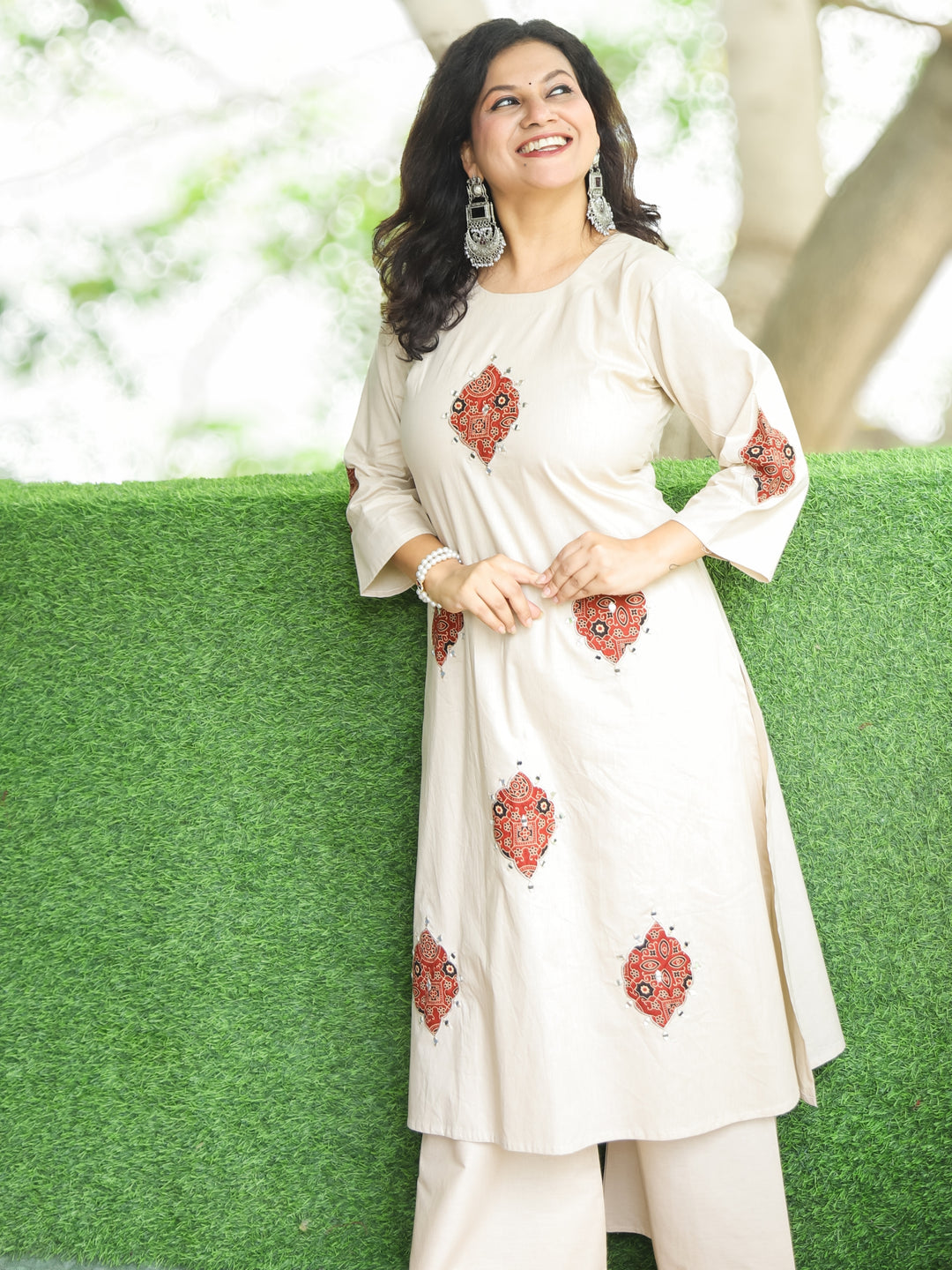 Raabtaa Shell Beige in Applique Work Detailing with Mirror Cotton 2 Piece Set