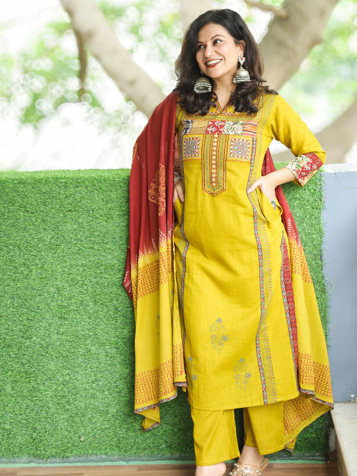 Swaroop Dijon Yellow Embriodered Neck Patch Panel Cotton 3 Piece Set with Pocket