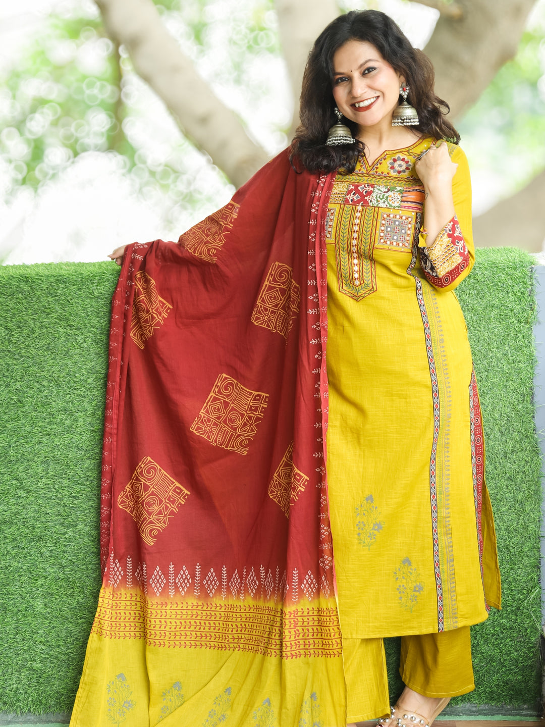 Swaroop Dijon Yellow Embriodered Neck Patch Panel Cotton 3 Piece Set with Pocket