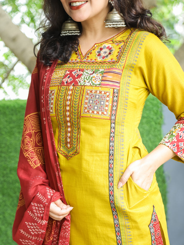 Swaroop Dijon Yellow Embriodered Neck Patch Panel Cotton 3 Piece Set with Pocket