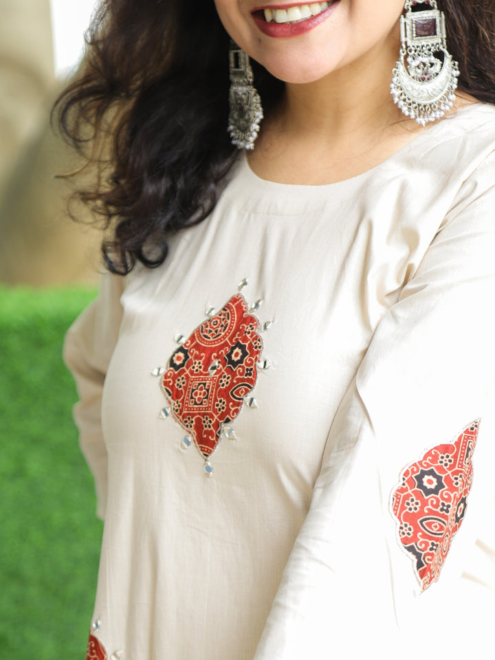 Raabtaa Shell Beige in Applique Work Detailing with Mirror Cotton 2 Piece Set