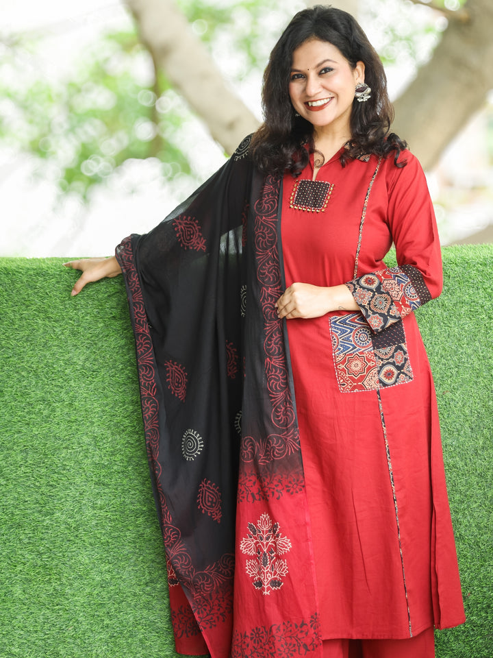 Swaroop Berry Red Ajrak Print Patch with Mirror Work Cotton 3 Piece Set with Pocket