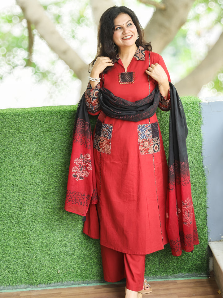 Swaroop Berry Red Ajrak Print Patch with Mirror Work Cotton 3 Piece Set with Pocket