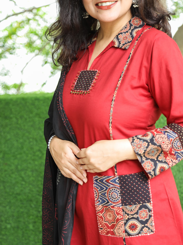 Swaroop Berry Red Ajrak Print Patch with Mirror Work Cotton 3 Piece Set with Pocket
