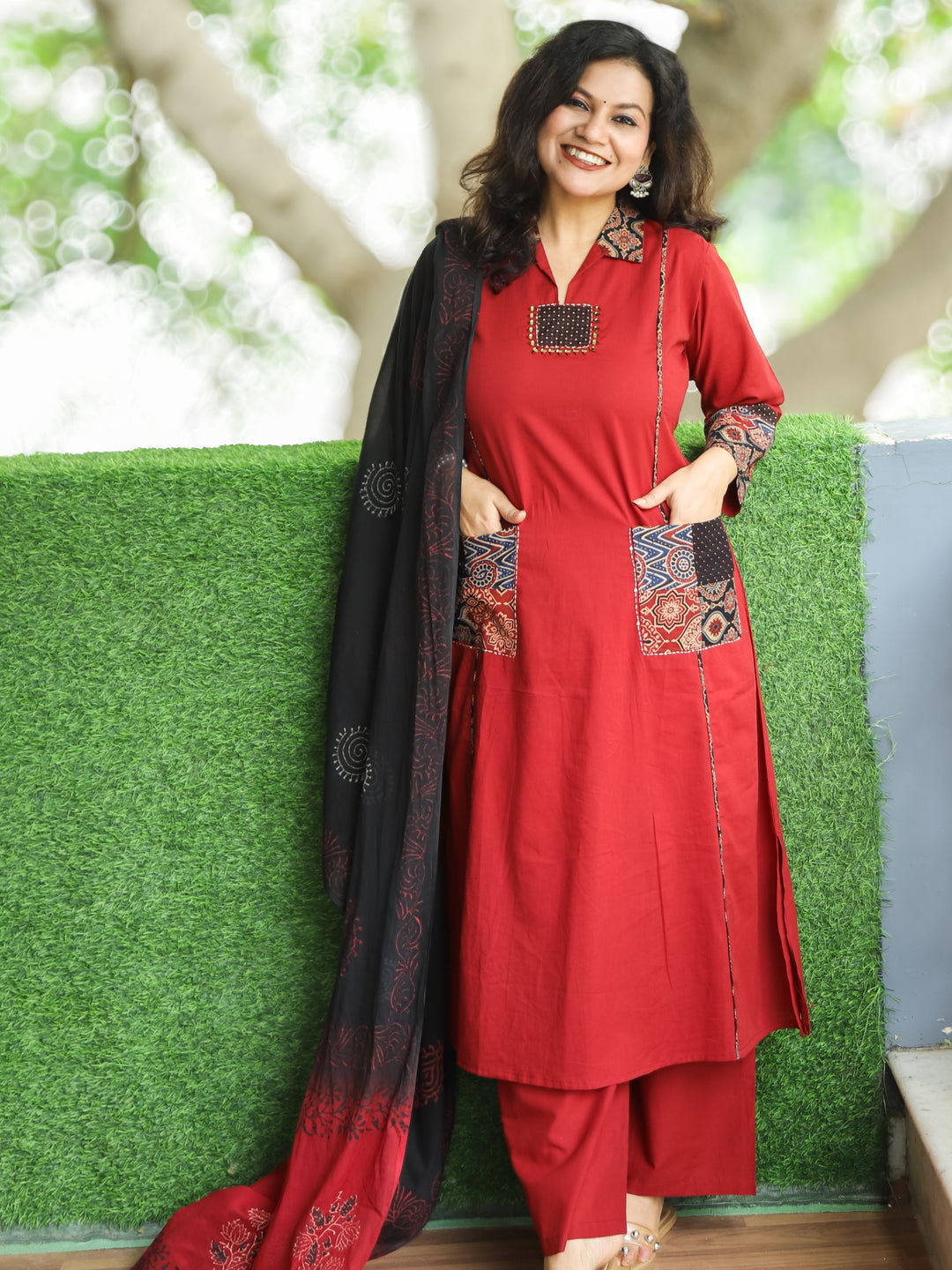 Swaroop Berry Red Ajrak Print Patch with Mirror Work Cotton 3 Piece Set with Pocket