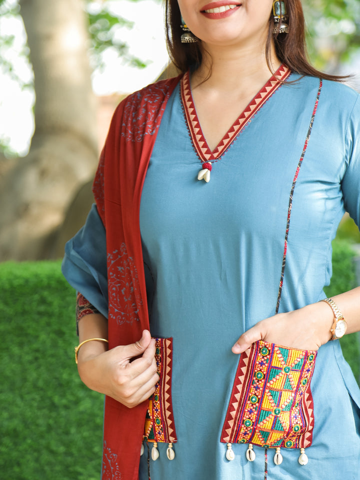 Chandni Azure Blue V Neck Lace with Panel Style Cotton 3 Piece Set with Pocket