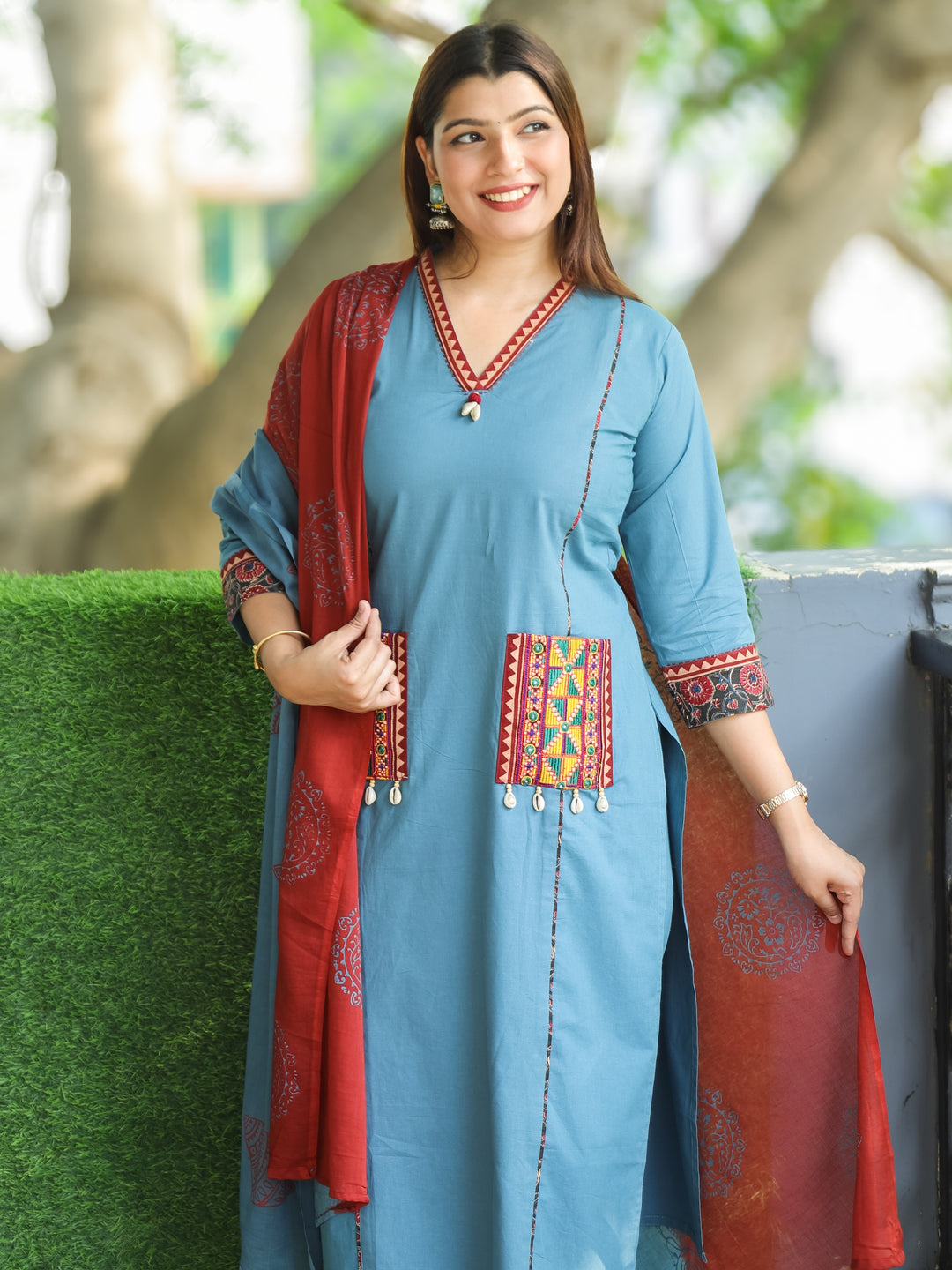 Chandni Azure Blue V Neck Lace with Panel Style Cotton 3 Piece Set with Pocket