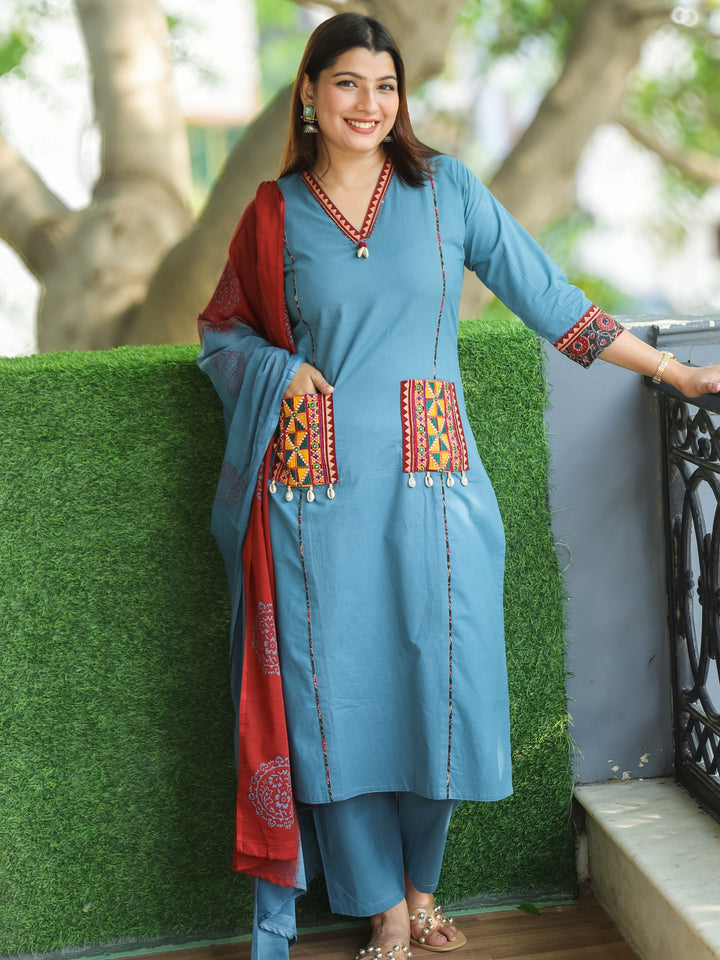 Chandni Azure Blue V Neck Lace with Panel Style Cotton 3 Piece Set with Pocket