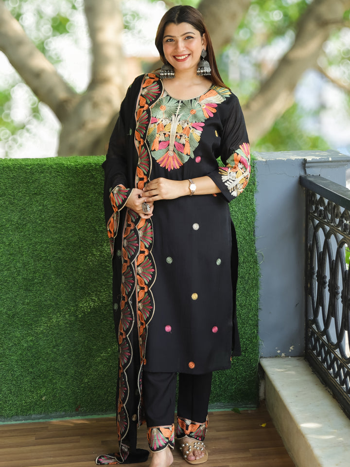 Barista Black Kashida Embroidered Neckwork with Buti Work Modal 3 Piece Set