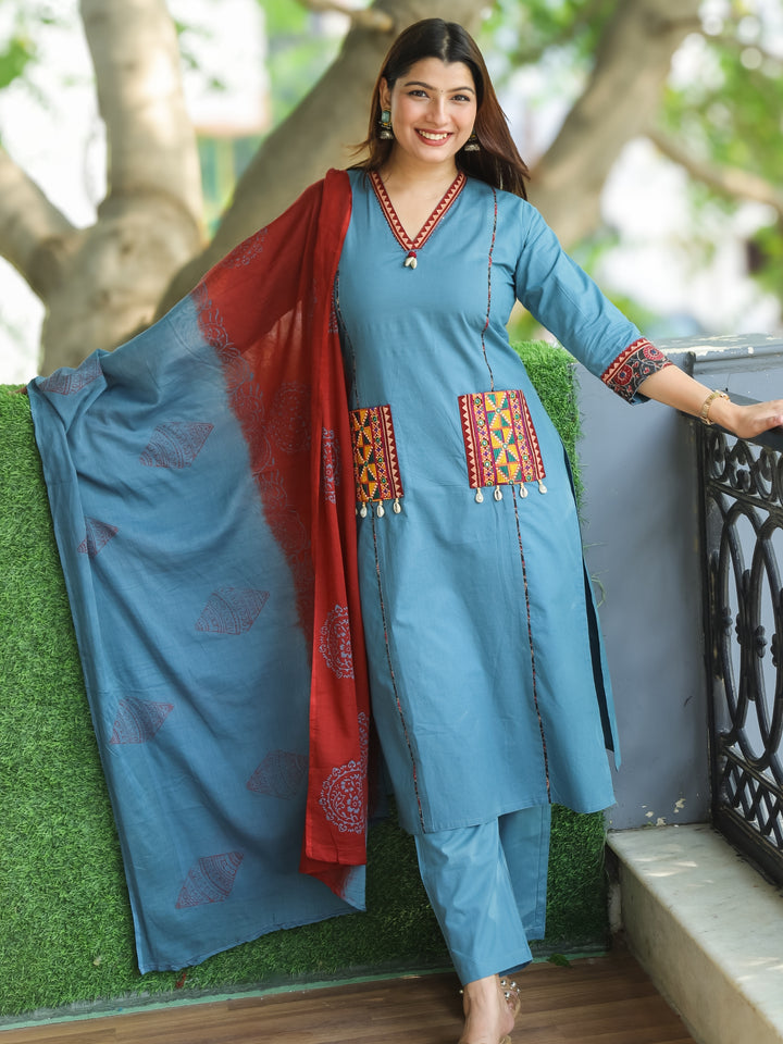 Chandni Azure Blue V Neck Lace with Panel Style Cotton 3 Piece Set with Pocket